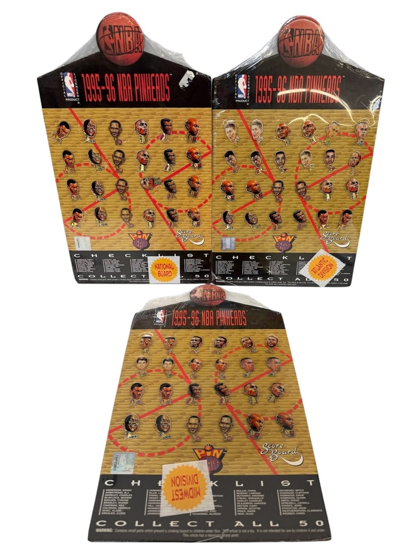 (3) 1995-96 NBA Pin Heads New in Package: (3) 1995-96 NBA Pin Heads New in Package: 24 pins on each card.