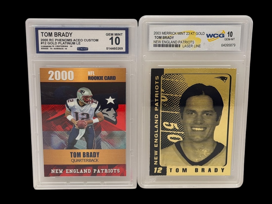 (2) Toom Brady Graded Football Cards; 2000 Rookie Phenoms, 2003 Merrick 23k Gold Laser Line: (2) Toom Brady Graded Football Cards; 2000 Rookie Phenoms, 2003 Merrick 23k Gold Laser Line: Both gem mint 10.