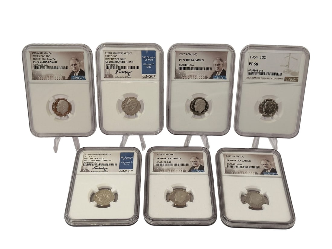 (7) Graded Dimes NGC: (7) Graded Dimes NGC: Includes (1) Official Mint Set 2023-S clad PF70 Ultra Cameo, (2) 225th Anniv. Set 2017-S FDI SP70 Enhanced Finish Signed Edmund Moy, (3) 2022-S clad PF70 Ultra Cameo, (1) 1964 PF
