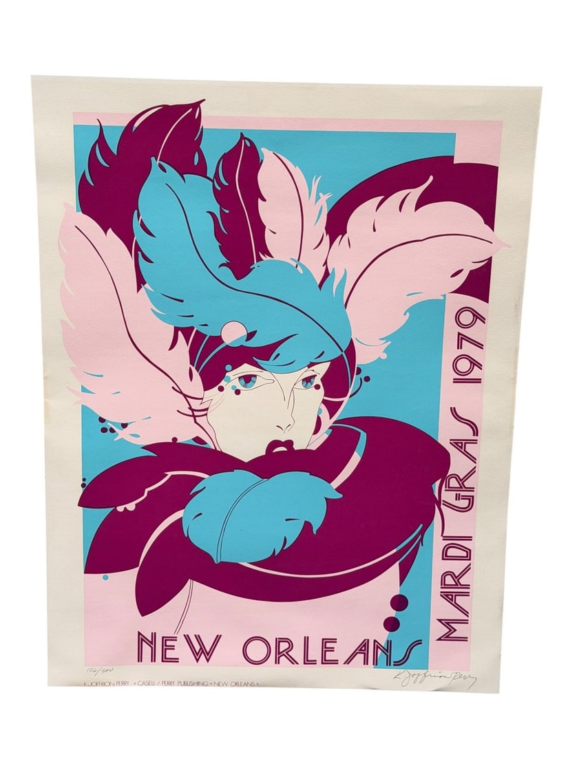 1979 Signed and Numbered Mardi Gras Poster Kathleen Joffrion Perry: 1979 Signed and Numbered Mardi Gras Poster Kathleen Joffrion Perry: Unframed, numbered 126/500, measuring 20 x 26.5".