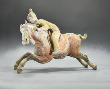 LARGE CHINESE TANG POLO RIDER- TL TESTED - 21": Ca. 618– 907AD, Impressive large terracotta Chinese Polo Rider; Very good depiction, dynamically formed and clearly the expression of a high, advanced culture. The sport polo was probably introduced