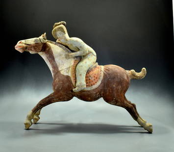 LARGE CHINESE TANG POLO RIDER- TL TESTED - 21": Ca. 618 – 907 AD , Impressive large terracotta Chinese Polo Rider; Very good depiction, dynamically formed and clearly the expression of a high, advanced culture. The sport polo was probably introdu