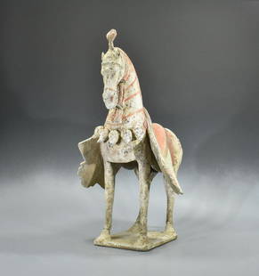 CHINESE NORTHERN WEI TERRACOTTA HORSE- TL -17": Ca.386-534 AD Beautiful Northern Wei Dynasty, ceramic figure of a horse standing on a square base with modelled harness, saddle and bridle with applied pendants and bells, plume to the mane; red , pin