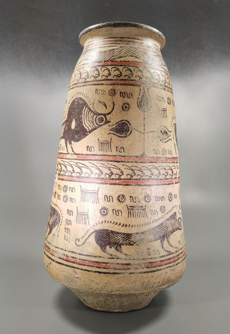 LARGE INDUS VALLEY TERRACOTTA STORAGE VESSEL: Ca. 2500 BC. Interesting Indus Valley terracotta cup with geometric pattern with a single handle. Good condition; Size: 39cm x22cm (4.33 x 6.29 in); 550gr; Provenance: From an old Professional British