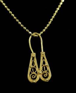 GREEK HELLENISTIC PERIOD GOLD OPEN-WORK PENDANT: Ca.400 BC. Wonderful Greek Hellenistic gold pendant, open-work design and granulation. Wearable, Good Condition; L:440mm (necklace)/21mm (pendant); 3.5gr; Provenance: Property of a professional