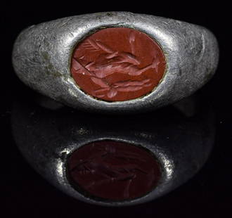 ROMAN INTAGLIO SILVER RING WITH GOD PAN: Ca.200 AD. Wearable Roman silver intaglio ring, It is set with its original red garnet gemstone, simply cut with a stylized image of the god Pan . In ancient Greek religion and mythology, Pan is the