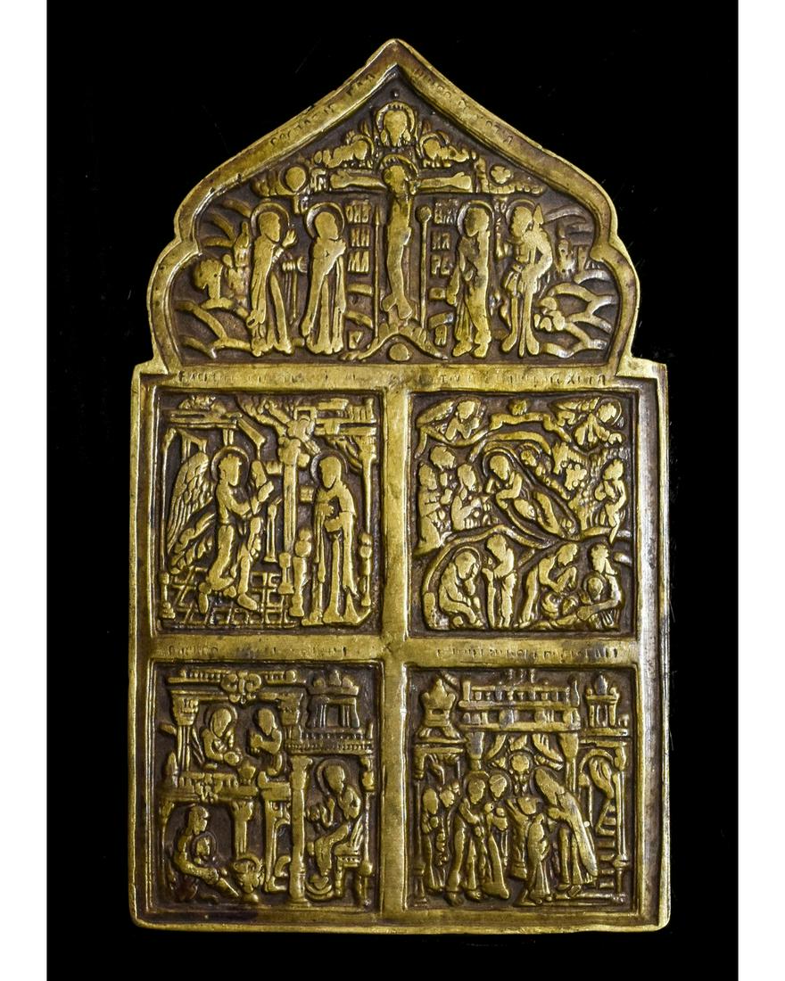 POST MEDIEVAL RELIGIOUS ICON: Ca.1800 AD. Amazing Religious icon with one panel depicting multiple religious scenes. Good Condition; H:140xW:85mm; 5.51 x 3.35in) 140gr;Provenance: Private London collection, formed in the 1990s on 