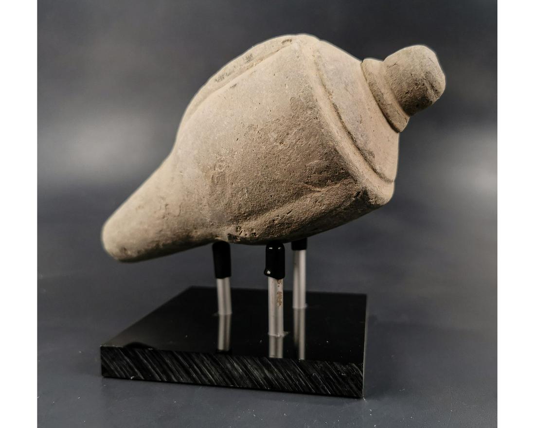 BYZANTINE GREEK FIRE GRENADE ON STAND: Ca.800 AD. A hollow ceramic Vessel with barrel-shaped body, domed top and conical base, knop to the upper face for the mouth; Good Condition; Size: 170x80mm;6.69x 3.15in;555gr; Provenance: Private Lon