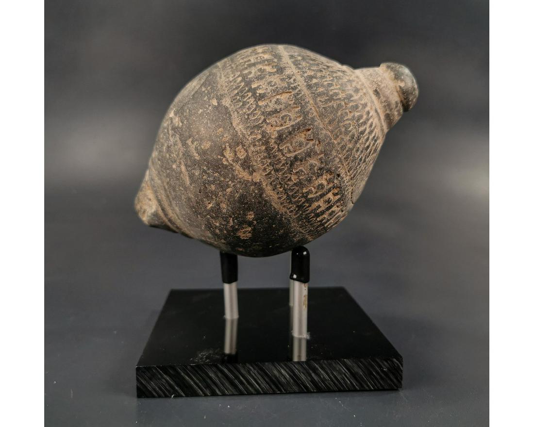 BYZANTINE GREEK FIRE GRENADE ON STAND: Ca.800 AD. A hollow ceramic Vessel with barrel-shaped body, domed top and conical base, knop to the upper face for the mouth; Good Condition; Size: 140x80mm; 5.51x 3.15in; 600gr; Provenance: Private L