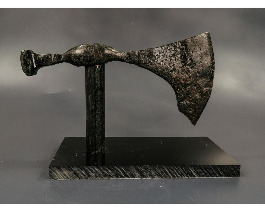 MEDIEVAL VIKING IRON AXE HEAD AND HAMMER: Ca.700-900 AD A Beautiful Medieval Viking iron Axe Head and Hammer; fine example of Scandinavian weaponery. Good Condition; Size:180x80mm; 7.09x 3.15in; 270gr; Property of a British collector; acquire