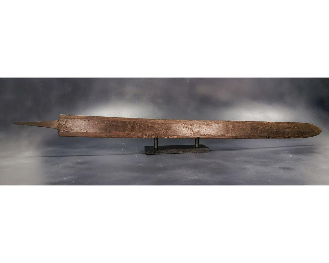 ROMAN IRON LEGIONARY SPATHA SWORD: CA. 200 – 400 AD. Rare Roman Legionary sword of Spatha type.; broad parallel-sided spatha with convergent tip; rectangular-section tang at the shoulder developing to square-section at the upper end.