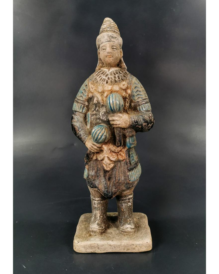 CHINESE MING DYNASTY SOLDIER FIGURINE: Ca. 1368-1644 AD. Amazing Chinese Male Warrior Figurine, with cobalt blue armour holding maces.Good condition, intact, original glazing; Size: 240x80mm; 9.45in; 3.15in; 515gr; Provenance: Private Kent
