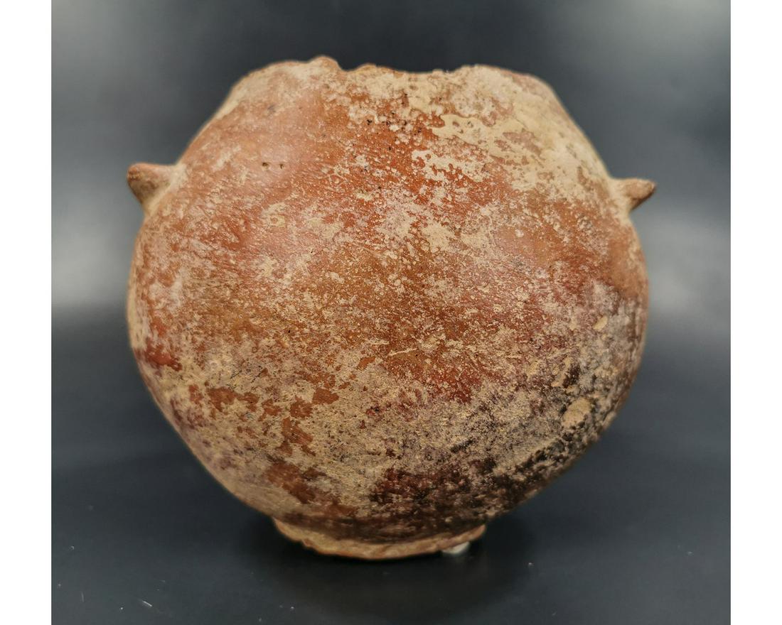 BRONZE AGE EUROPEAN STORAGE VESSEL: Ca. 3000 BC. Rare European Neolithic orangeware storage jar, with three small handles ; Good Condition; Size: 160x155mm; 6.3x 6.1in; 930gr; Provenance: From an old Professional British collection, acq