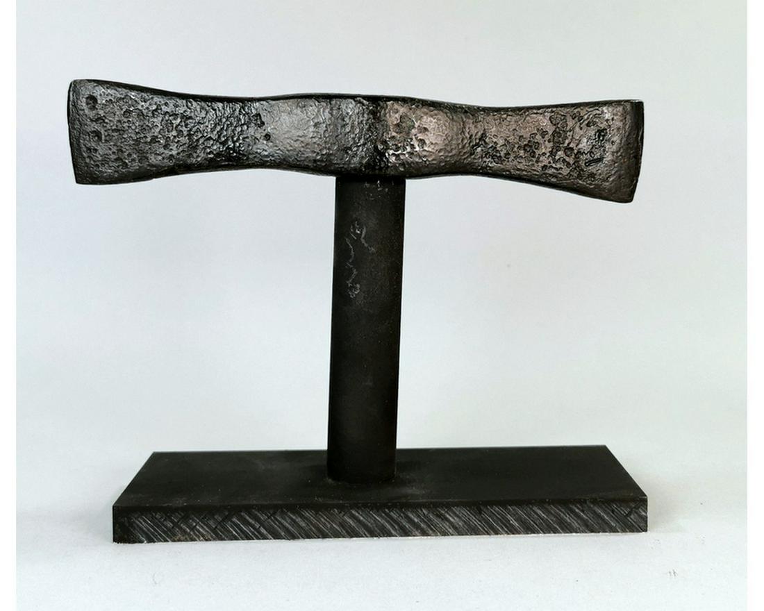 VIKING DOUBLE BLADED AXE: Ca.700-900 AD A interesting Medieval Viking Era iron double-bladed axe head; Good condition, on a custom stand; H:150mm/L:200mm/H:38mm5.91/7.87/1.5 inch; 931g Provenance: From an old British collectio