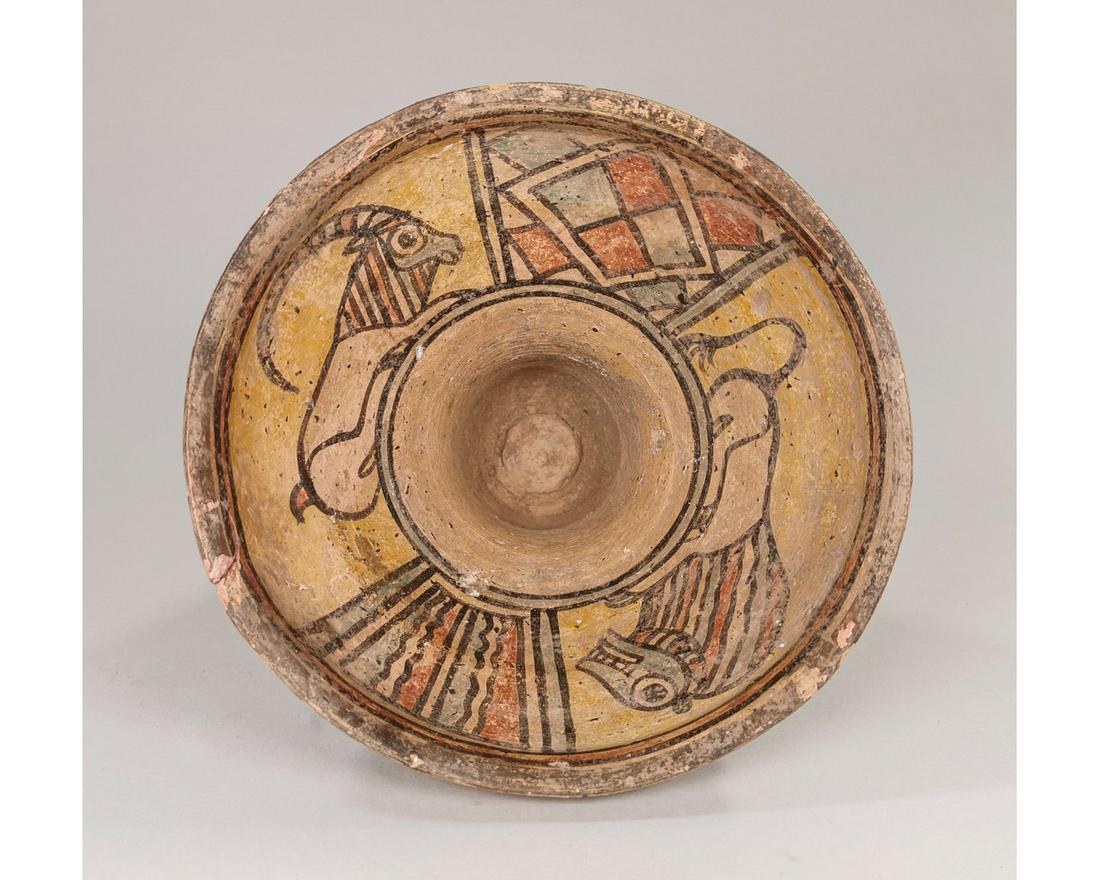 INDUS VALLET TERRACOTTA VESSEL WITH DECORATION: Ancient Central Asia, Indus Valley, ca. 3rd millennium BCE. An interesting Polychrome terracotta chalice type vessel, decorated with a lion, antelope, and geometric motifs. Reference for Indus Valley 