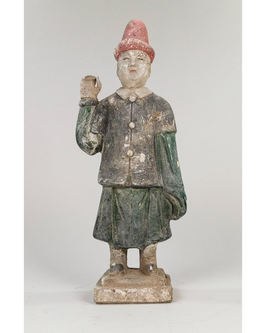 CHINESE MING DYNASTY TERRACOTTA FIGURINE: MING DYNASTY TERRACOTTA FIGURINE, DATED AROUND 1500 AD. VERY FINE ARTIFACT. 260 x 95 mm; 10.2362x3.74015 in; 597g; Provenance: Property of a London gallery, previously in old British collection formed