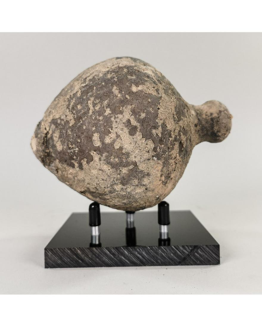 BYZANTINE "GREEK FIRE" DECORATED GRENADE: Ca.800 AD. A hollow ceramic Vessel with a barrel-shaped body, domed top, and conical base, knop to the upper face for the mouth; Good Condition; 150 x 100 mm; 5.9055x3.937 in; 471g; Provenance: From a