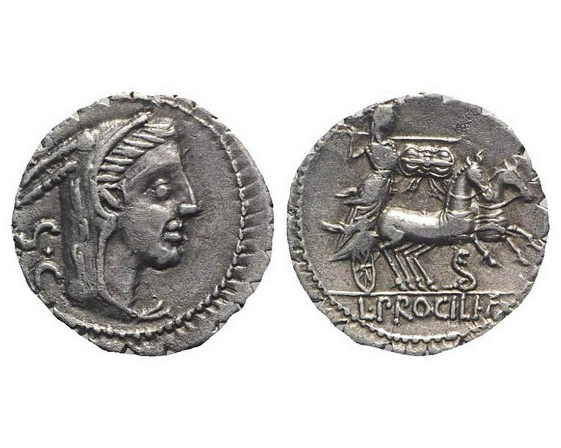 L. Procilius, Rome, 80 BC. AR Serrate Denarius: L. Procilius, Rome, 80 BC. AR Serrate Denarius (19mm, 3.61g, 6h). Head of Juno Sospita r., wearing goat-skin headdress. R/ Juno Sospita driving galloping biga r., hurling spear and holding shield and 