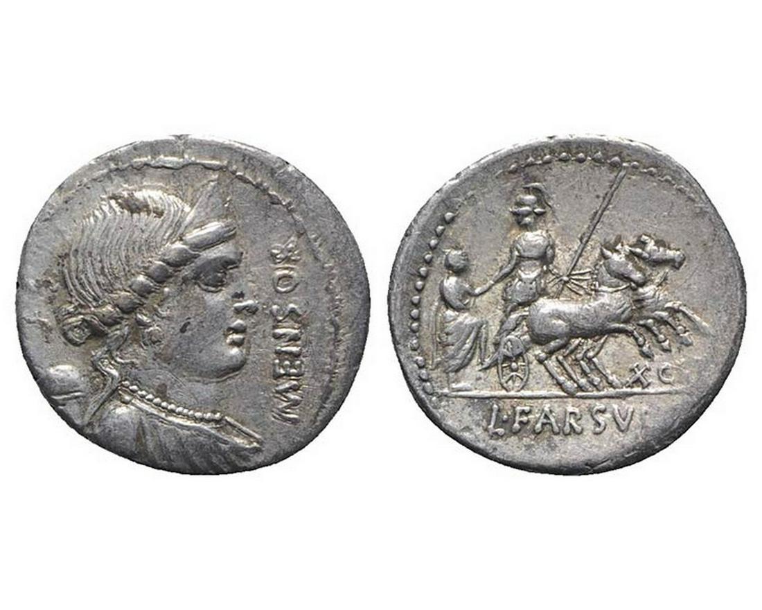L. Farsuleius Mensor, Rome: L. Farsuleius Mensor, Rome, 76 BC. AR Denarius (20mm, 3.85g, 6h). Diademed and draped bust of Libertas r.; pileus to l. R/ Roma holding spear and reins in biga, assisting togate figure into chariot; c
