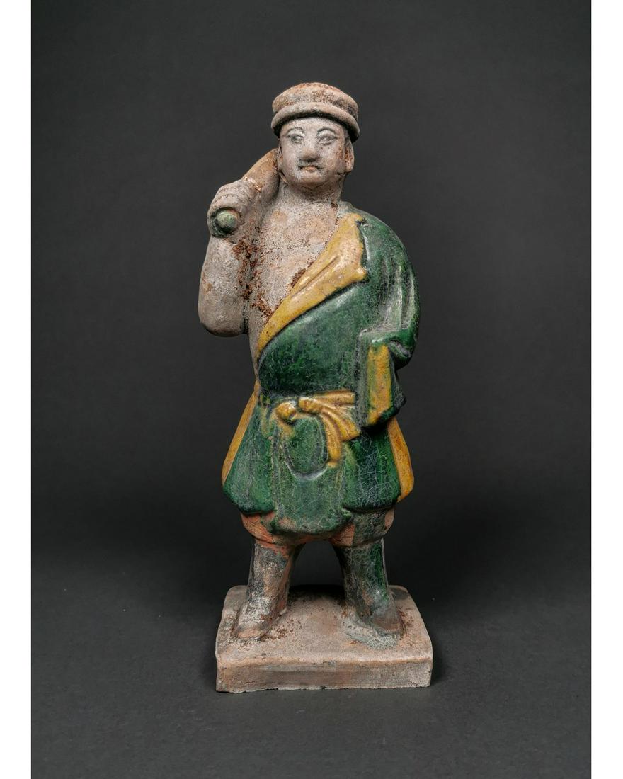 CHINESE MING DYNASTY LADY FIGURINE: Ca. 1368-1644 AD. Chinese terracotta male attendant figurine, with draped glazed blue robes; holding a muscal instrument above the shoulder; Good Condition; Size: 230mmx90mm;643g; Provenance: Private 