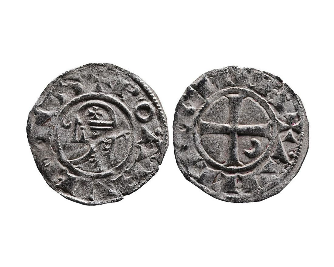 Crusader Kings of Antioch: Crusader Kings of Antioch King Bohemond III. 1162 - 1201 AD. Silver denier. Helmeted head of king in chain-maille armor, crescent and star to sides, + BOAMVNDVS / Cross patee, crescent in quadrant, + 