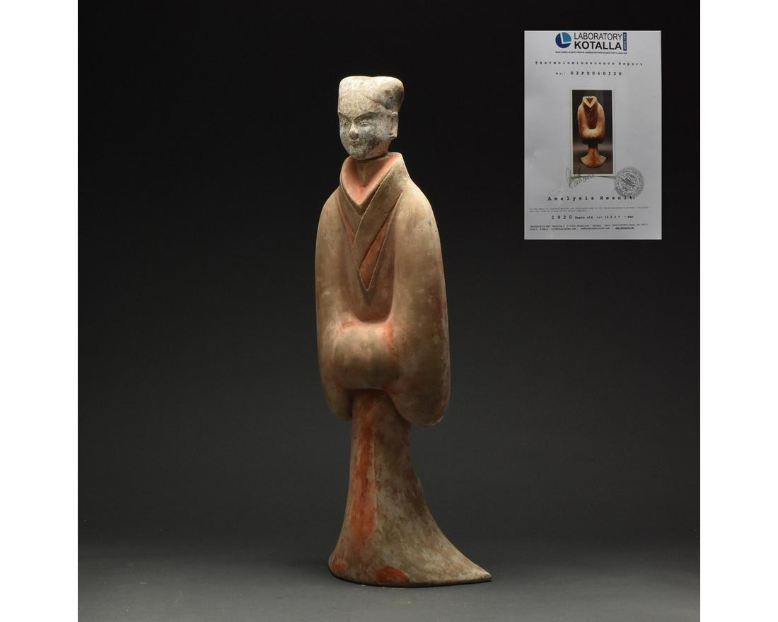 HUGE HAN DYNASTY TERRACOTTA FIGURE OF A COURT LADY - TL: Ca. 206 BC–220 AD Chinese Han Dynasty, terracotta court figure. This large female figure is presented wearing the traditional Eastern Han Dynasty court attire, or shenyi, which comprises a long vest