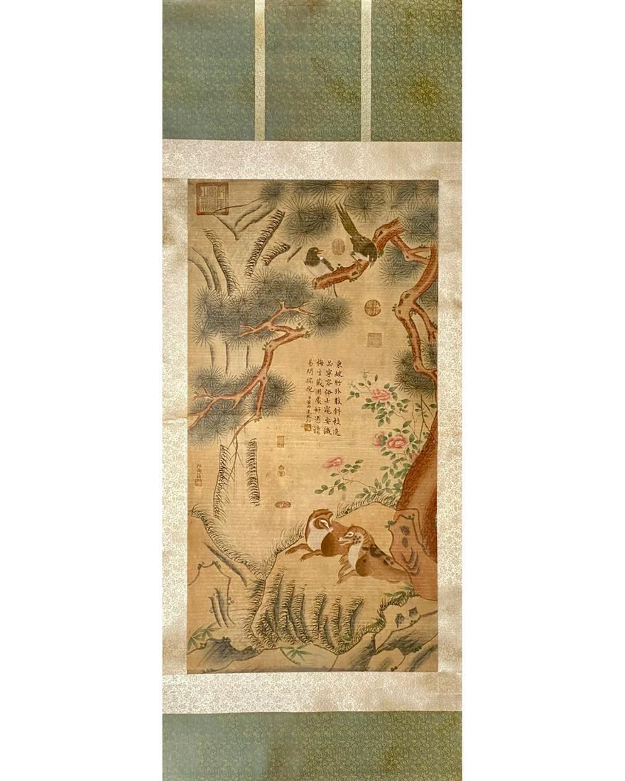 LARGE CHINESE SCROLL PAINTING: A nicely painted Chinese scroll. Good Condition.Size:2000mmx780mm; Provenance: London Art Gallery, previously in an old Belgian collection.