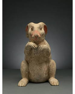 CHINA, HAN DYNASTY POTTERY WHITE RABBIT - TL TESTED: Ca. 206 BC - 220 AD. Han dynasty. A hollow-formed terracotta rabbit figurine with a white pelt and coral-pink pigmentation on the nose and in the inner ears. The rabbit is depicted sitting back, on