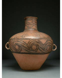 CHINA, NEOLITHIC PERIOD PAINTED POTTERY VESSEL - TL: Ca. 3000 BC. Chinese Neolithic. A terracotta painted vase with a cylindrical neck, broad, flaring shoulders, conical body and flat base. Two applied lug handles attach below the shoulder. The body