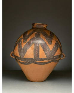 CHINA, NEOLITHIC PERIOD PAINTED POTTERY VESSEL - TL: Ca. 3000 BC. Chinese Neolithic. A terracotta painted vase with a tapering body rising from a flat base to rounded shoulders; a short flaring neck, looped handles. The shoulders and upper part of the