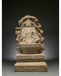 CHINA, MING DYANSTY STONE BUDDHA ON PEDESTAL: Ca. 1368-1644 AD. Ming Dynasty. An elaborate cream stone pedestal supporting a seated Buddha in high relief. The square base bearing elaborate vegetal and geometric motifs supports a