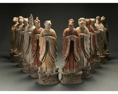 CHINA, TANG DYNASTY FULL ZODIAC SET - TL TESTED: C. AD 618 - 907. Chinese Tang Dynasty. A set of 12 comprising animal figures, each carefully modelled and dressed in court robes, painted in a range of rich yellows, reds and cremes with blue, green