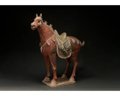 CHINA, HUGE TANG DYNASTY POTTERY HORSE - TL TESTED: Ca. 618 - 907 AD. Chinese Tang Dynasty. An elegant hollow-moulded terracotta horse. This horse is modelled in a standing pose on a square base. The animalâ€™s neck is stretching forward, with