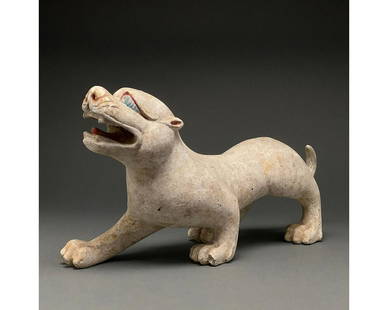 CHINA, HAN DYNASTY POTTERY TIGER - TL TESTED: Ca. 206 BC - 220 AD. Han dynasty. A hollow-formed terracotta tiger; the beast is depicted stalking on all fours with its mouth open as through growling. The tiger's face is incredibly detailed with
