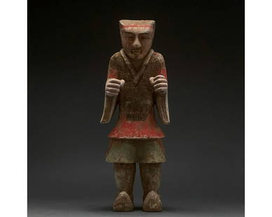 CHINA, HAN DYNASTY POTTERY SOLDIER - TL TESTED: Ca. 206 BC-220 AD Chinese Han Dynasty, terracotta warrior figure. Interesting ceramic figurine of a standing warrior with armor, cross-over war-coat, layered tunic and boots, dressed hair and hands
