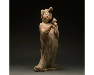 BEAUTIFUL TANG DYNASTY POTTERY FAT LADY- TL TESTED: Ca. 618-907 AD. Chinese Tang Dynasty Ceramic â€˜Fat Ladyâ€™ Figure. The figure stands facing forward, with one foot angled to the side, and a child cradled on her left arm. She wears