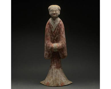 HUGE CHINESE HAN DYNASTY POTTERY LADY - TL TESTED: Ca. 206 BC-220 AD Chinese Han Dynasty, terracotta lady figure. Interesting ceramic figurine of a standing lady with a long red flowing gown, with billowing light colured trimmed sleeves and a