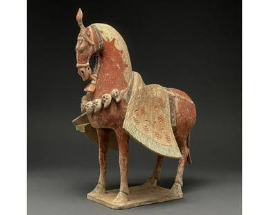 RARE CHINESE NORTHERN WEI DYNASTY POTTERY HORSE- TL: C. 386-534 AD. Northern Wei Dynasty. A painted pottery figure of a horse. The horse stands foursquare with its head drawn inwards, and its tail lowered. Its coat is picked out in a beautiful deep