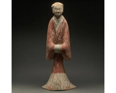 HUGE CHINESE HAN DYNASTY POTTERY LADY - TL TESTED: Ca. 206 BC-220 AD, Chinese Han Dynasty. Interesting ceramic figurine of a standing lady with a long red flowing gown, with billowing blue trimmed sleeves and a dramatic, white trimmed flared skirt.