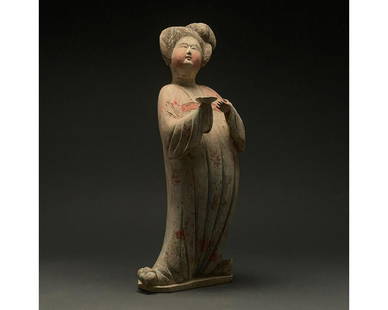BEAUTIFUL TANG DYNASTY POTTERY FAT LADY- TL TESTED: Ca. 618-907 AD. Chinese Tang Dynasty. A ceramic â€˜Fat Ladyâ€™ figure. The figure stands facing forward, with one foot angled to the side, and holding a dish in one hand. She wears