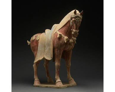 CHINA, HUGE TANG DYNASTY POTTERY HORSE - TL TESTED: Ca. 618 - 907 AD. Chinese Tang Dynasty. A painted pottery figure of a horse. The horse stands foursquare with its head drawn inwards, and its tail lowered. Its coat is picked out in a beautiful deep