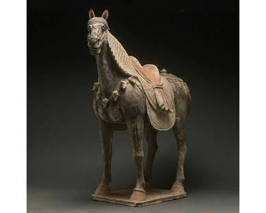 CHINA, HUGE TANG DYNASTY POTTERY HORSE - TL TESTED: Ca. 618 - 907 AD. Chinese Tang Dynasty. An elegant hollow-moulded terracotta horse. This horse is modelled in a standing pose on a square base. The animalâ€™s neck is stretching forward, with