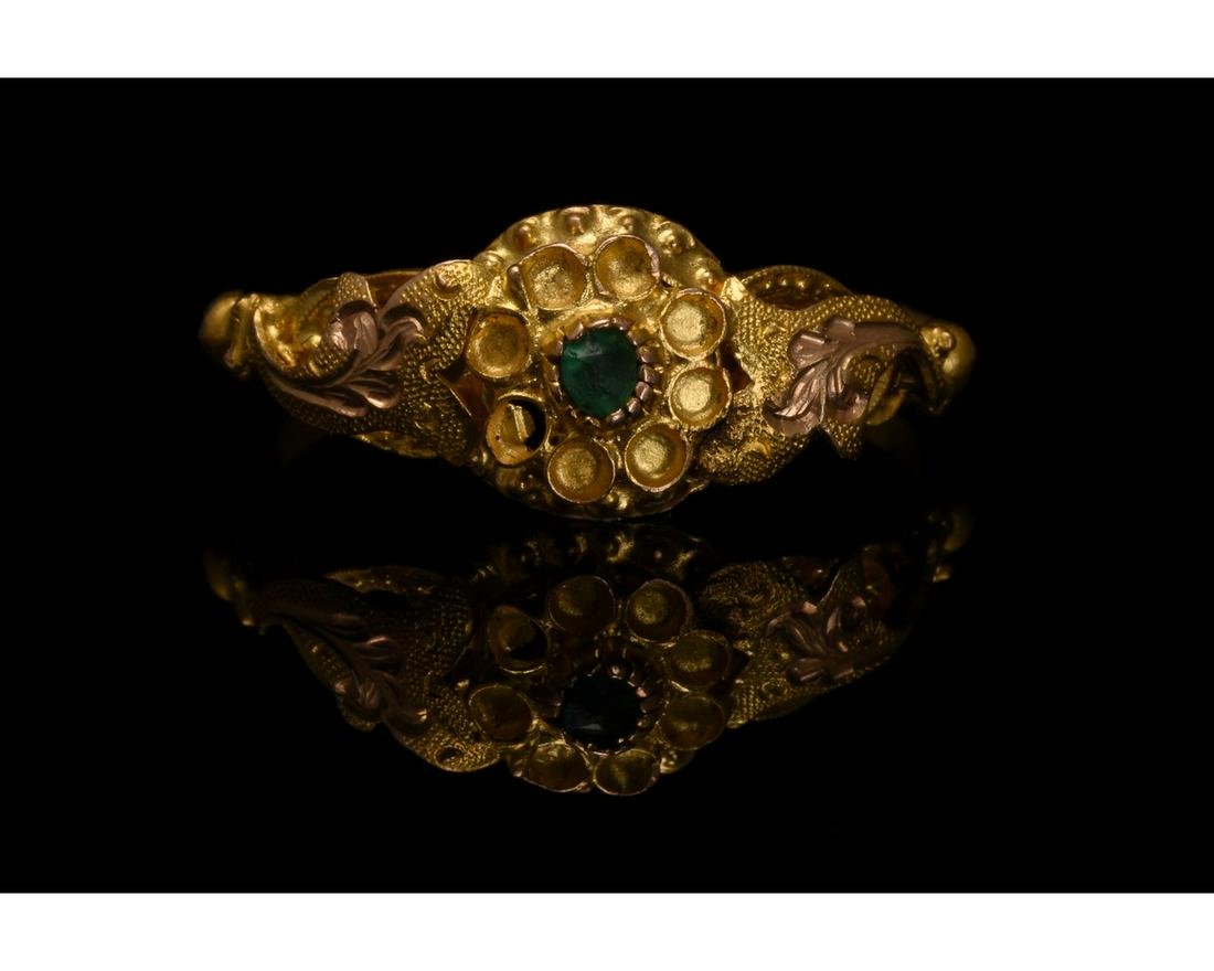 MEDIEVAL GOLD RING WITH EMERALD STONE: CA. 1400 AD MEDIEVAL GOLD RING WITH EMERALD STONE. In order to confirm its authenticity, this piece has undergone X-Ray Fluorescence analysis by an independent Belgian Laboratory. The samples collecte
