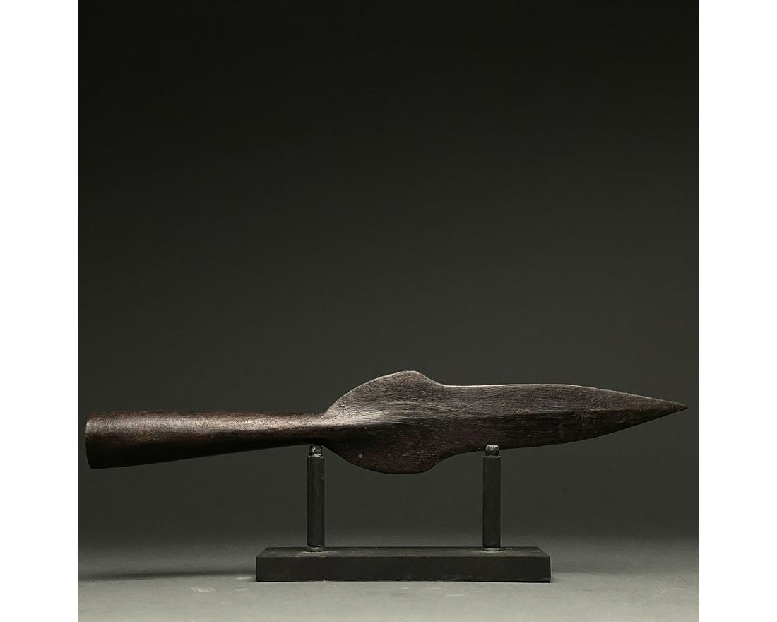 VIKING ERA IRON SOCKETED SPEAR: C.800-1110. Viking Age. Iron spearhead with lanceolate blade with flaring shoulders and a long, circular socket. Spears were an important component of Viking military equipment as their lightweight na