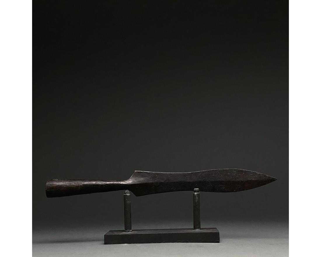 VIKING ERA IRON SOCKETED SPEAR: C.800-1110. Viking Age. Iron spearhead with lanceolate blade with flaring shoulders and a long, circular socket. Spears were an important component of Viking military equipment as their lightweight na