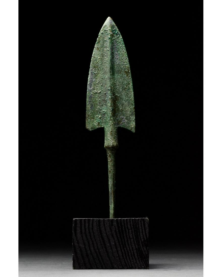 ANCIENT BRONZE SPEAR HEAD ON STAND (1 of 3)