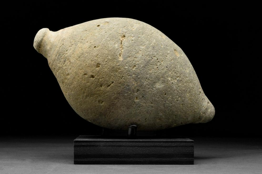 ANCIENT BYZANTINE CLAY "GREEK FIRE" GRENADE - TL TESTED: Circa 800-1000 ADA late Roman, early Byzantine glazed ceramic grenade, also referred to as "Greek Fire". This hollow ceramic vessel is globular in shape, a piriform body, with a short neck and a domed