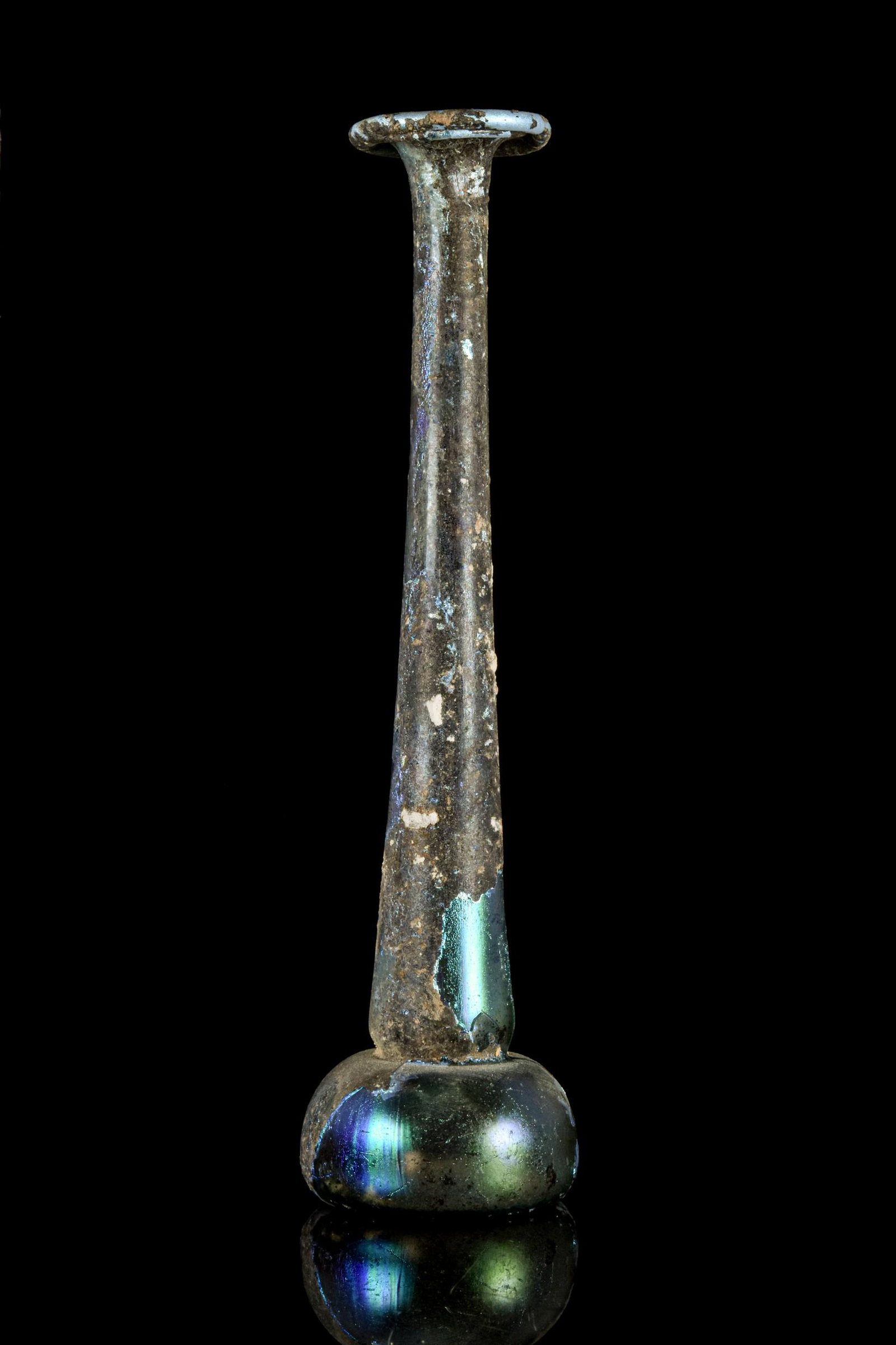 ROMAN GLASS CANDLESTICK UNGUENTARIUM: Ca. 100 AD A beautiful glass candlestick unguentarium with an out-turned rim, long, cylindrical neck, and a bell-shaped body with a concave base. Excellent condition, beautiful iridescence. To find ou