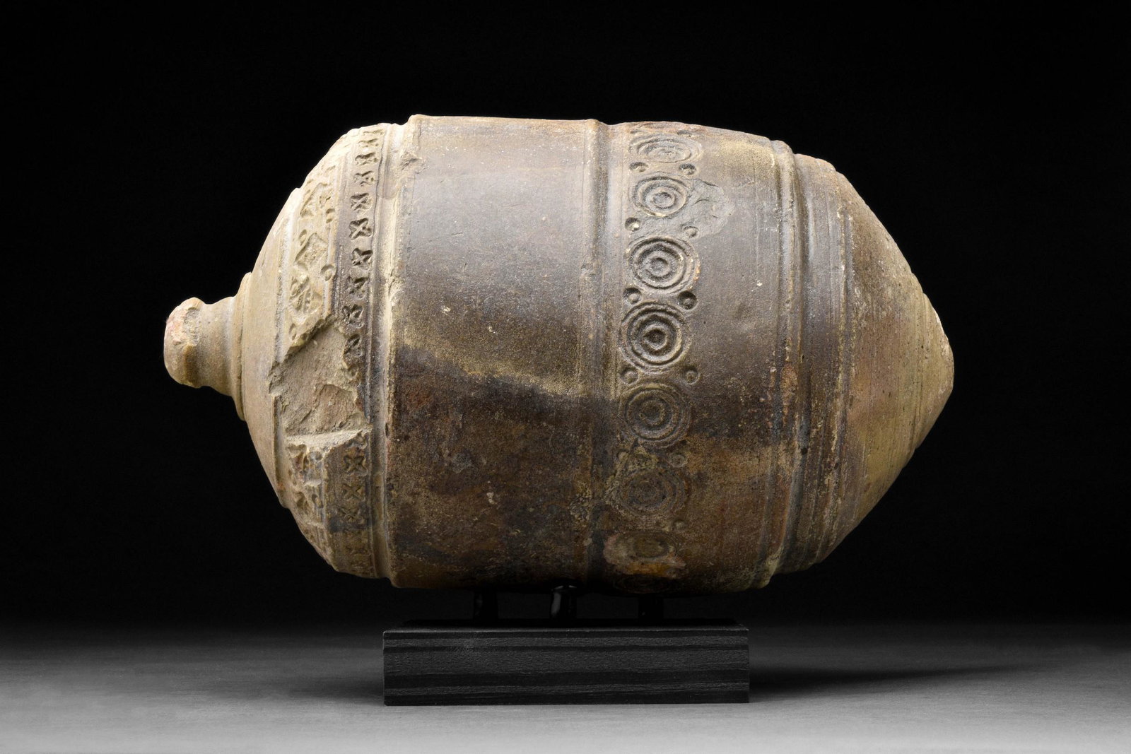 ANCIENT BYZANTINE CLAY "GREEK FIRE" GRENADE - TL TESTED: Ca. 800-1000 AD A late Roman, early Byzantine glazed ceramic grenade, also referred to as "Greek Fire". This hollow ceramic vessel is globular in shape, a piriform body, with a short neck and a domed
