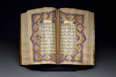 QAJAR QURAN IN PAPIER-MACHE COVER: Ca. 18th-19th century AD White Sura headings inform the reader whether the Sura is a Mecca or Medina period revelation as well as chapter names. Papier-mâché decorative cover in wonderful